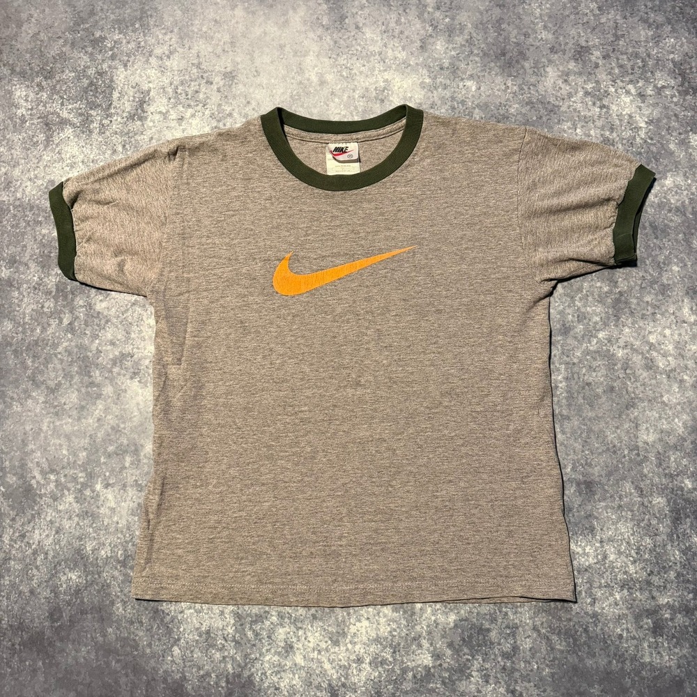 Vintage Nike‎ Swoosh Ringer T Shirt Women's Small Gray Orange Green Athletic